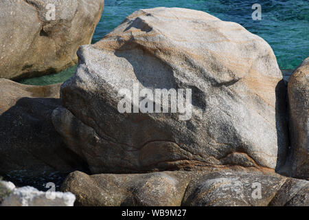 Exotic Platanitsi beach in Sarti, Sithonia, Greece with crystal clear water and spectacular shapes of rocks -  the mermaid head Stock Photo