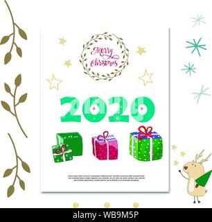Hand drawn flat clip art greeting card happy new year. Happy 2020. Gifts, gift wrapping. Vector illustration. Scandinavian style. Invit, banner design Stock Vector