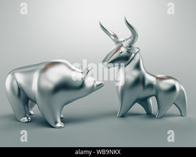 Bull and bear, finance concept, 3d rendering, close up Stock Photo
