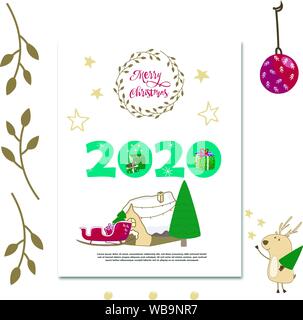 Santa Claus on sledge withwinter background with pine forest, stars, branch frame and lonely greeting card. Hand drawn cartoon vector illustration on Stock Vector