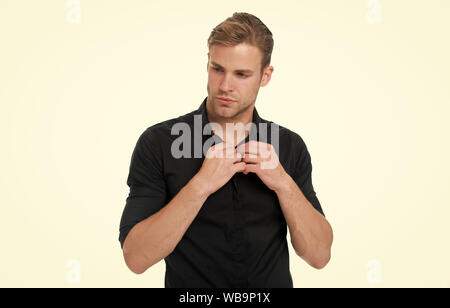 Black fashion trend. Reasons black is the only color worth wearing. Man elegant manager wear black formal outfit on white background. Elegance in simplicity. Rules for wearing all black clothing. Stock Photo
