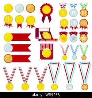 Medals set isolated on white background: golden, silver, bronze medal with red, stripped, blue, green ribbon, in red box. Stock Vector