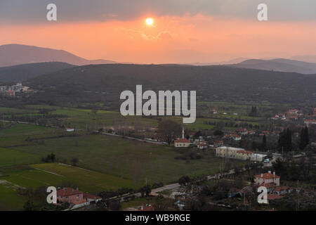 Sunset over Gulagzi village and Yerkesik plain in Mugla province of Turkey. Stock Photo