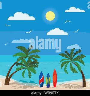 Sunny seascape with palms, blue ocean, sand coastline, different surfboards, clouds, sun, seagulls, sky, Vector background illustration of exotic Stock Vector