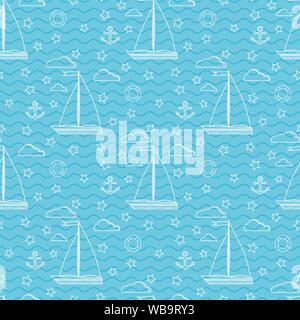 Vector seamless marine pattern with two sails sailboat, clouds, anchor, lifebuoy Stock Vector