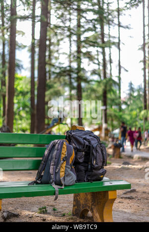 Manali, Himachal Pradesh, India - May 07, 2019 : backpacker in van vihar national park in himalayas - Stock Photo