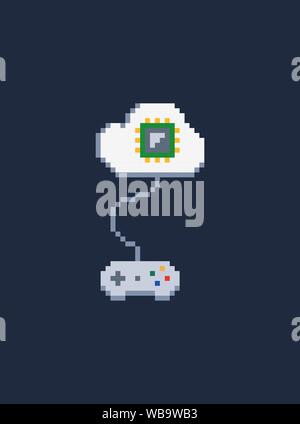 white pixel art 8 bit gamepad for game console connected to cloud with processor - Isolated vector icon of wired controller Stock Vector