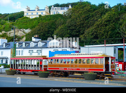 Tramcar unit of the Manx Electric Railway at the Douglas terminus. The line connects Douglas, Laxey and Ramsey on the Isle of Man. Stock Photo