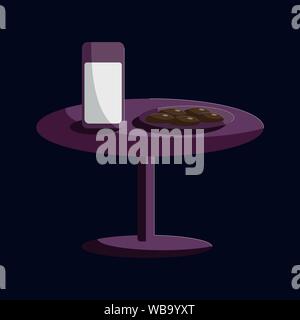 Vector illustration of flat cookies and glass og milk for Santa. Purple table in the night dark room. New Year festive object or icon. Gift, greeting Stock Vector
