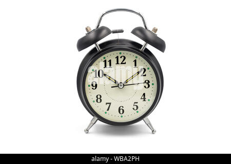 Close up black alarm clock vintage isolated on white background with clipping path. Stock Photo