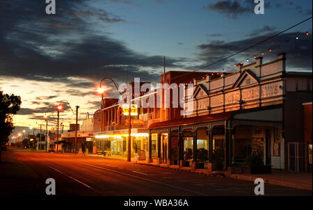 Main street of Winton at sunset. Originally named Pelican Waterhole. Queensland, Australia Stock Photo