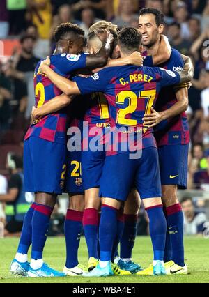 Barcelona, Spain. 25th Aug, 2019. Players of FC Barcelona celebrate scoring during the 2nd round Spanish league soccer match between FC Barcelona and Betis in Barcelona, Spain, on Aug. 25, 2019. Credit: Joan Gosa/Xinhua Stock Photo