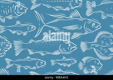 Fish seamless background. Underwater world, seafood vector illustration Stock Vector