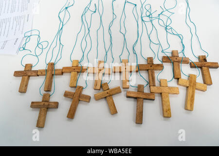 Wooden crosses await presentation to 14 new Lutheran pastors at their ordination ceremony at Iglesia Luterana Salvadorena in San Salvador, El Salvador. Stock Photo