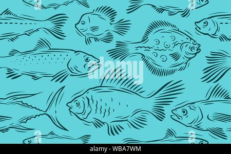 Fish, fishing seamless background. Underwater world, seafood vector illustration Stock Vector
