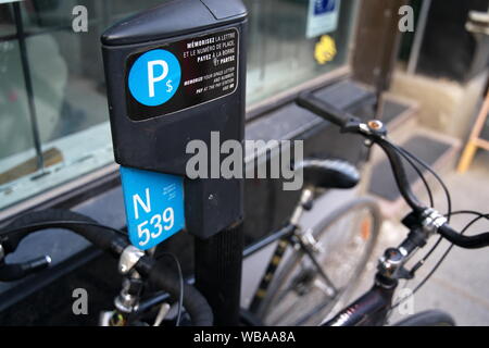 Montreal, Quebec Canada. Jul 2019. Rental bicycles parking meters in Canada. Stock Photo