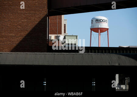 A logo sign outside of the headquarters of The Ridge Tool Company, maker of Ridgid brand tools, in Elyria, Ohio on August 11, 2019. Stock Photo