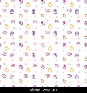 Wedding background seamless vector pattern. Love, romance flat line icons - hearts, engagement ring, gift, valentine card. Stock Vector