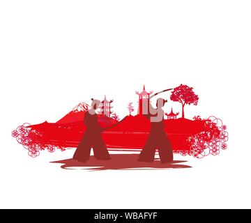 Japanese Samurai fighters silhouette on Asian landscape Stock Vector