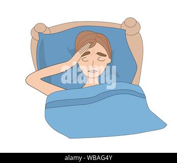 Illustration of a Sick boy lying in bed Stock Vector