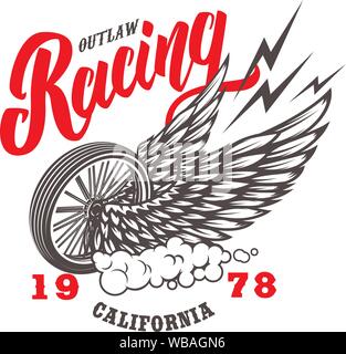 Outlaw racing. Emblem template with winged wheel. Design element for poster, logo, label, sign, badge. Vector illustration Stock Vector