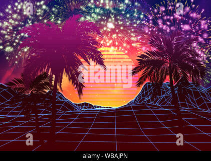 Neon glowing grid rocks and palm trees, futuristic landscape design, 3d illustration. Stock Photo