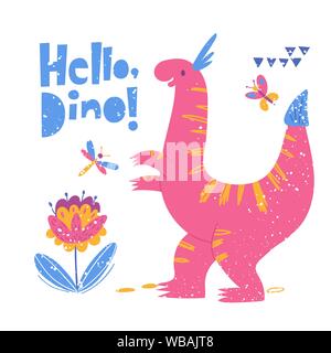 Stilyzed kids poster with cute Dinosaur and lettering. Stock Vector