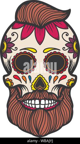 Bearded sugar skull. Design element for poster, - Stock