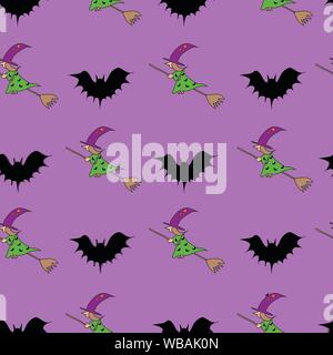 Happy Halloween seamless pattern background with flying witches on broomsticks and bats. Stock Vector