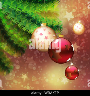 Gold and red Christmas balls on tree branch. Stock Photo