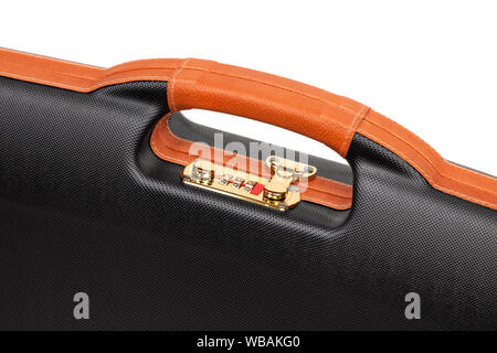 A modern luxury case for weapons with a combination lock. black plastic case for gun isolated on white back Stock Photo