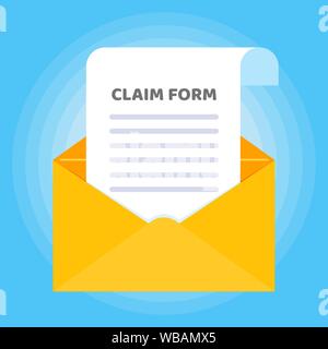Paper sheet with claim form to fill out and text in the envelope icon sign flat style design isolated on light blue background vector illustration Stock Vector