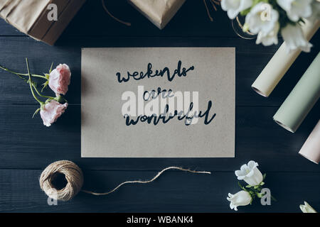 High angle view of romantic card with Weekend Are Wonderful text Stock Photo