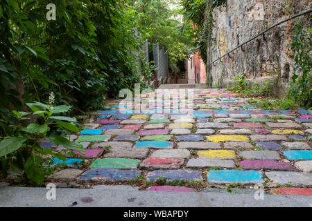Multi-coloured stone paving, taken under an overcast sky in the old Lyon, France Stock Photo