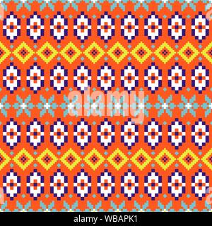 Folk geometric seamless pattern colorful pixelated shapes texture. Stock Vector