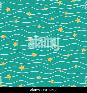 Hand drawn gold stars and abstract doodle ocean waves on ocean blue background. Seamless vector pattern. Great for southern hemisphere Christmas Stock Vector