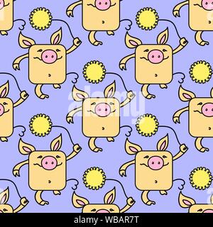 Seamless pattern with funny pigs with yellow chrysanthemums. Vector illustration EPS10 Stock Vector