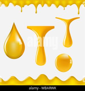 Dripping honey. Golden yellow realistic syrup or juice dripping liquid oil splashes vector template Stock Vector