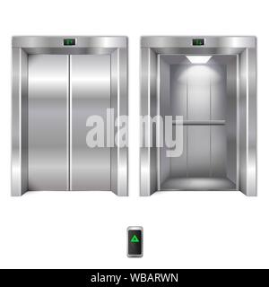 Vector Realistic Open and Closed Chrome Metal Office Building Elevator Doors Isolated on Background Stock Vector