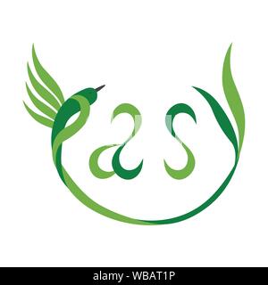 Easy - Hummingbird logo concept. Letters in the form of a bird, leaves Stock Vector