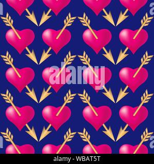Seamless pattern background with hearts pierced by golden arrows. Valentines Day holidays typography. Vector EPS10. Stock Vector