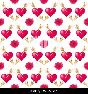 Seamless pattern background with hearts pierced by golden arrows and roses. Valentines Day holidays typography. Vector EPS10. Stock Vector
