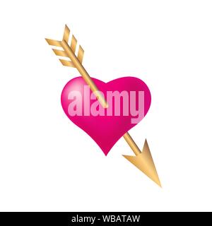 Stylized heart pierced by golden Cupid's arrow in Valentine's Day. Vector illustration EPS10 Stock Vector