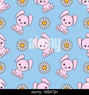 Seamless pattern dedicated to Easter with the image of rabbits and chamomiles. Colorful illustration. EPS 10 Stock Vector
