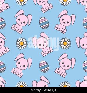Seamless pattern dedicated to Easter with the image of rabbits, painted eggs and chamomiles. Colorful illustration. EPS 10 Stock Vector