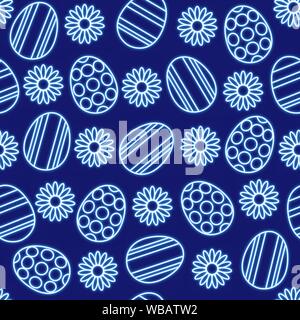 Seamless pattern with Easter eggs and chamomiles with neon effect. Vector illustration EPS10 Stock Vector