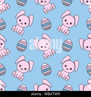 Seamless pattern dedicated to Easter with the image of rabbits and painted eggs. Colorful illustration. EPS 10 Stock Vector