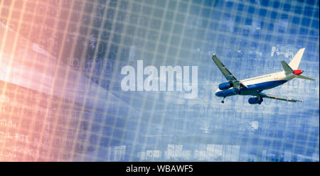 Airliner in motion on abstract background of highrise and binary code Stock Photo