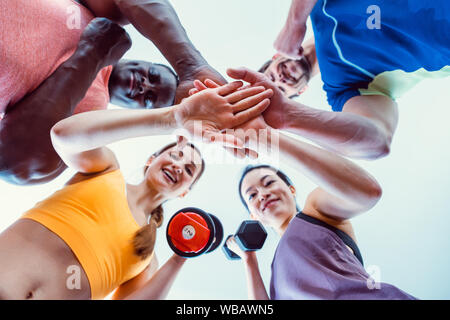 Four friends in the gym having fun Stock Photo