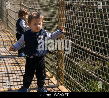 Child walking on the suspension bridge Stock Photo